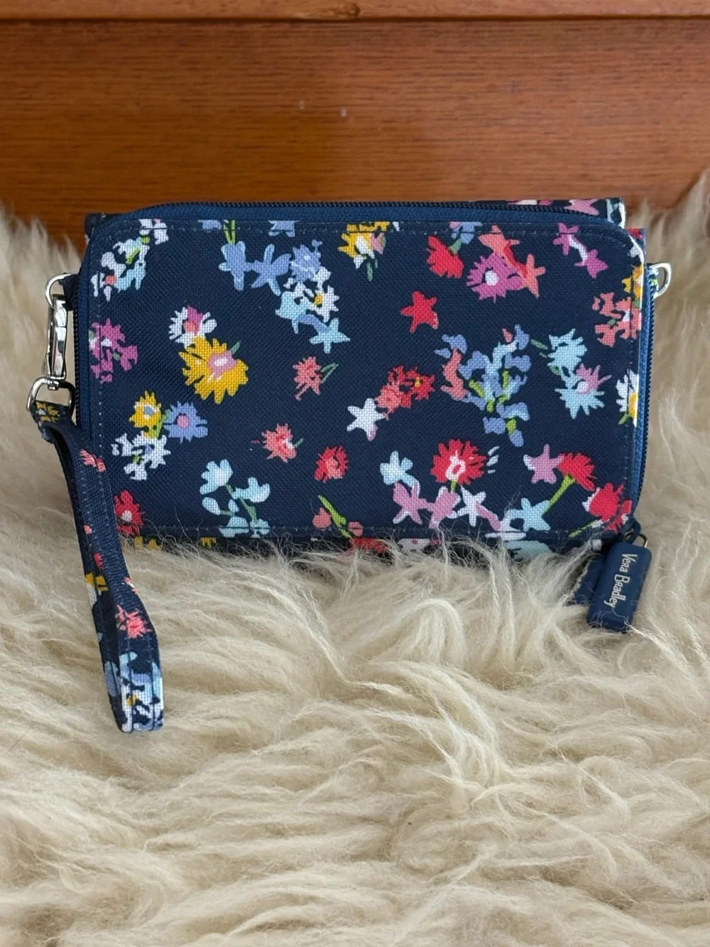 Vera Bradley ‘Scattered Wildflowers’ Navy Floral RFID Turnlock Wristlet